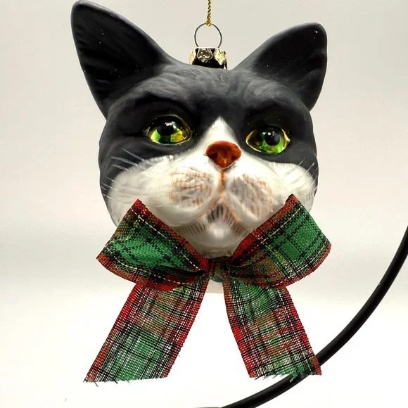 Festive Christmas Cat / Kitty Ornament with Plaid Bow and Bell - Picture 1 of 7